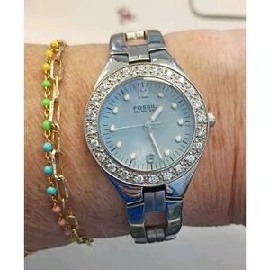 Fossil Watch 29mm Mother Of Pearl Dial Crystals AM-3458 New Battery Fits Upto 8"